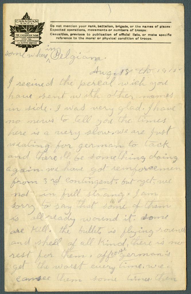 Première page d’une lettre manuscrite sur papier à en-tête comportant une feuille d’érable.