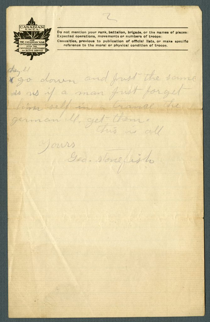 Dernière page d’une lettre manuscrite sur papier à en-tête comportant une feuille d’érable.