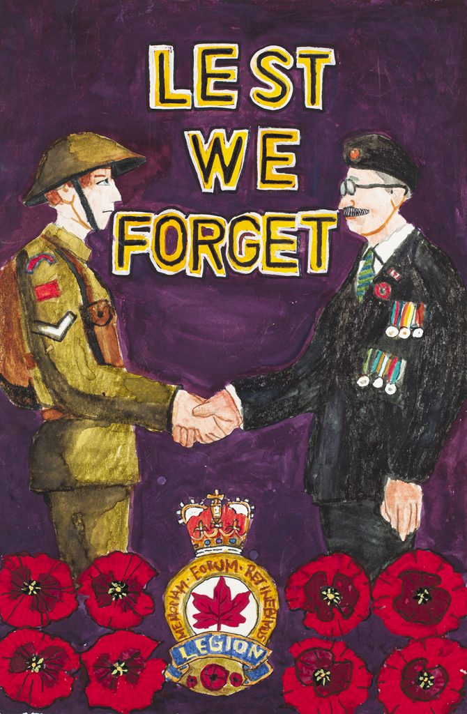 Un jeune homme en uniforme serre la main à un homme âgé qui porte l’uniforme de la Légion. Ils sont debout au-dessus de coquelicots et de l’insigne officiel de la Légion royale canadienne. On peut lire sur l’affiche « Lest We Forget » (Nous nous souviendrons d’eux).
