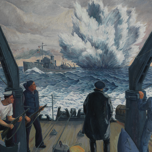 Une peinture d'hommes sur un bateau exposée au Musée canadien de la guerre à Ottawa.