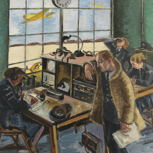 Une peinture représentant un groupe de personnes assises à un bureau, exposée au Musée canadien de la guerre à Ottawa.