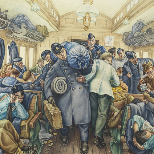 Une peinture d'hommes dans un train au Musée canadien de la guerre à Ottawa.