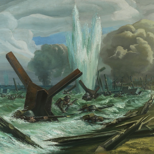 Une peinture d'un navire dans l'eau exposée au Musée canadien de la guerre à Ottawa.