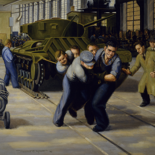 Une peinture représentant un groupe d'hommes exposée au Musée canadien de la guerre à Ottawa.