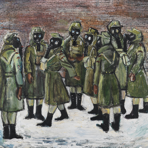 Une peinture représentant un groupe de soldats portant des masques à gaz au Musée canadien de la guerre à Ottawa.