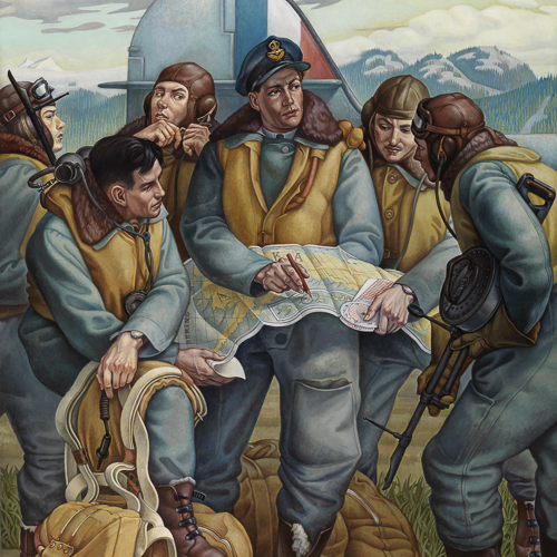 Une peinture représentant un groupe d'hommes regardant une carte au Musée canadien de la guerre d'Ottawa.