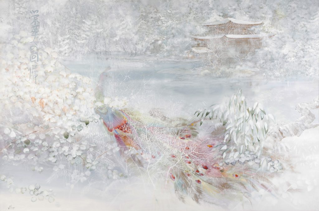 Une superbe peinture représentant un paon entouré d'un paysage enneigé, exposée au Musée canadien de la guerre à Ottawa.