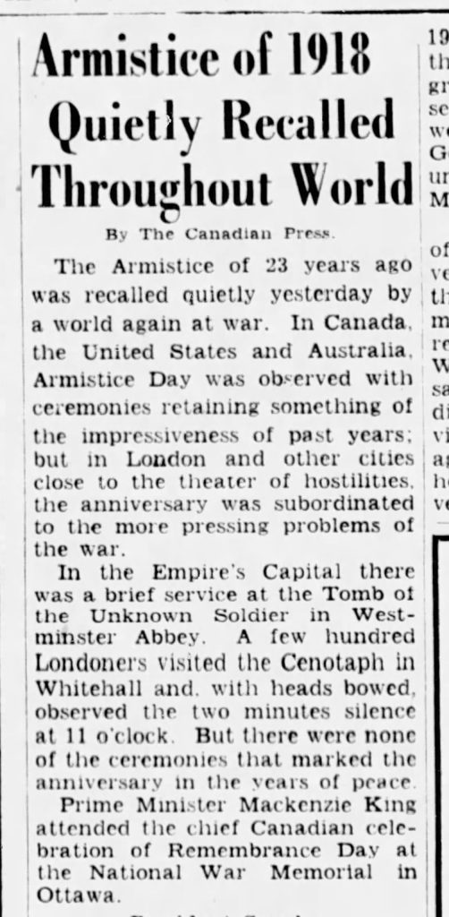 Un article de journal en noir et blanc sur l'amistad de 1918, archivé au Musée canadien de la guerre à Ottawa.