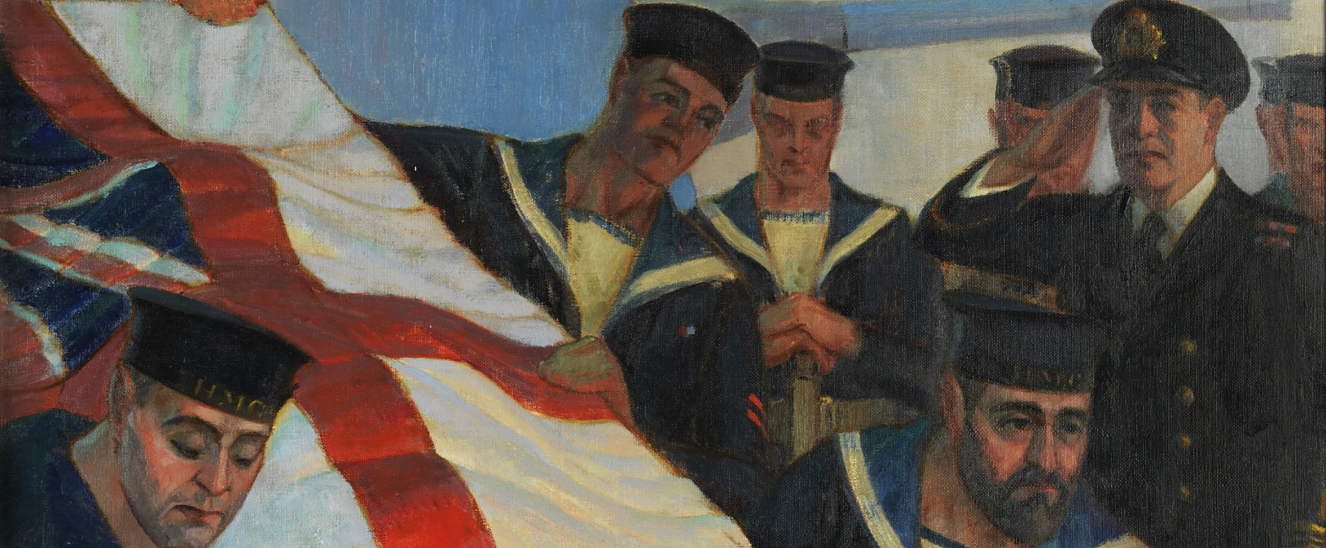 Peinture représentant des marins faisant basculer un cercueil par-dessus le bord d’un navire. Le cercueil est drapé du drapeau de la marine royale britannique, un officier sur le côté salue, et des marins sont debout en arrière-plan.