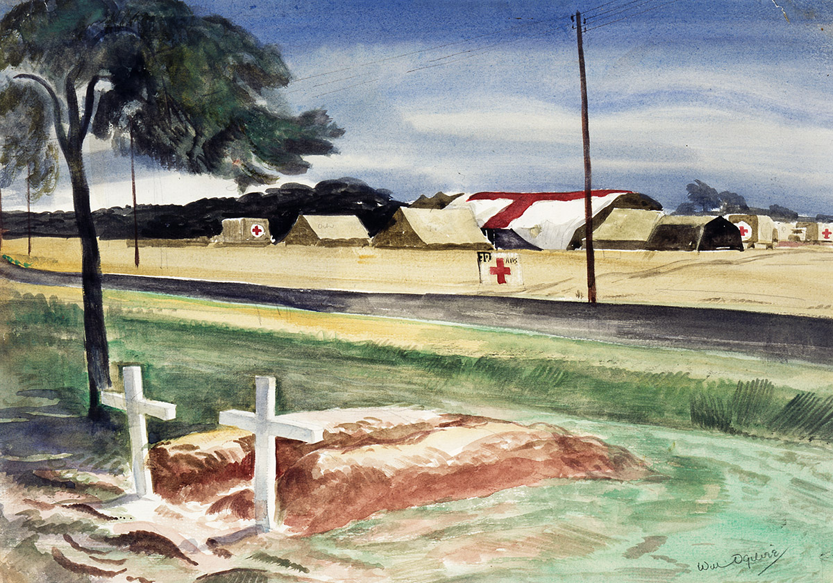 Peinture de deux tombes marquées par des croix de bois blanches, avec un hôpital de campagne en arrière-plan.