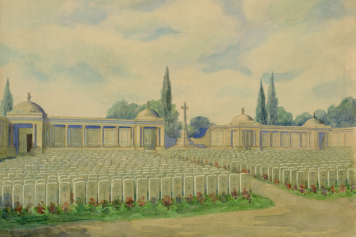Peinture d’un cimetière avec des rangées de pierres tombales rectangulaires blanches, y compris un monument avec une croix en arrière-plan.