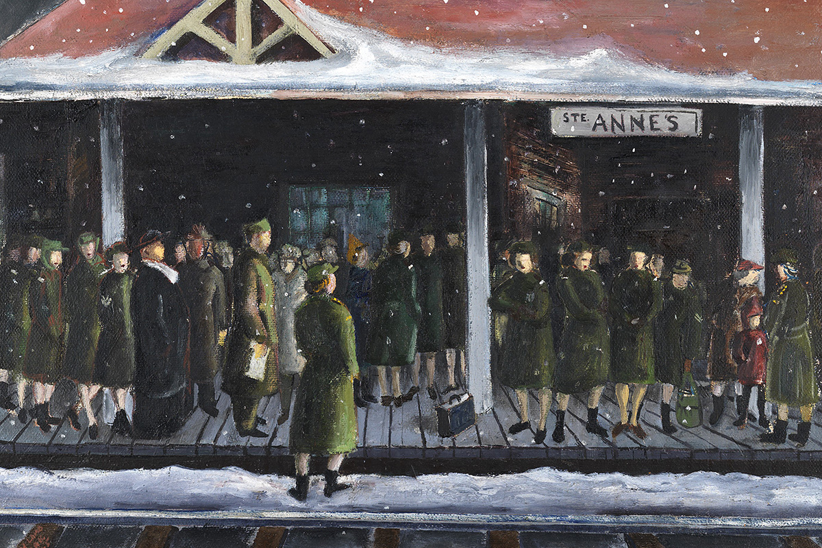 Peinture de femmes en uniforme sur un quai de gare en hiver.