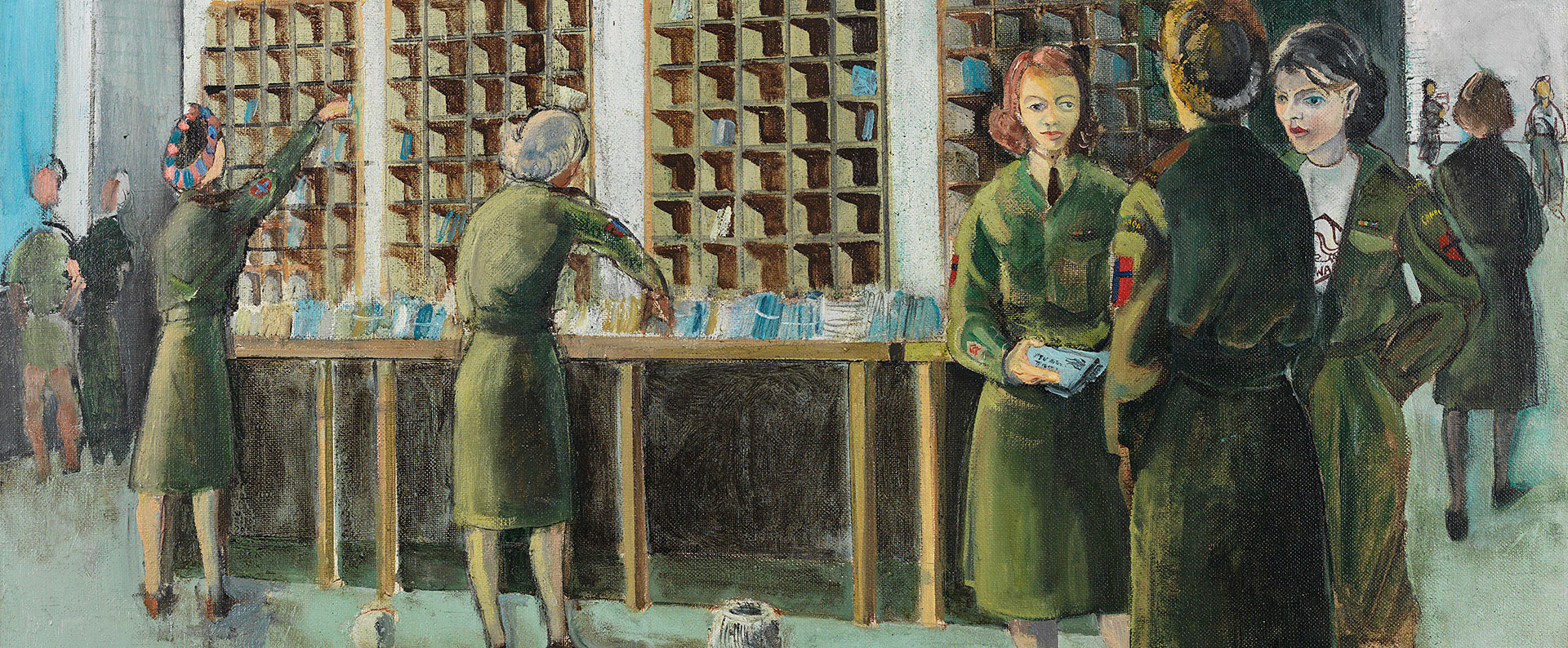 Peinture de femmes en uniforme dans une salle de tri du courrier.