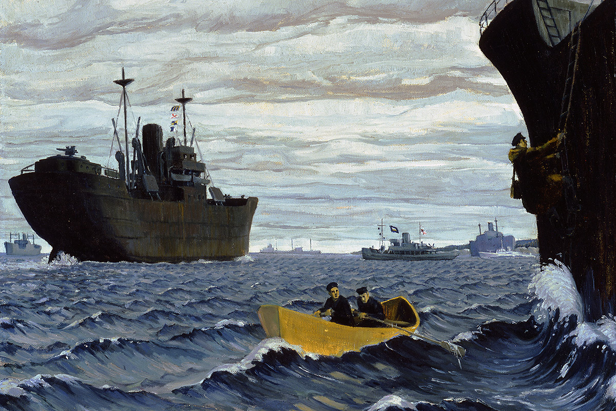Peinture d’un doris accosté à un navire plus grand, avec une personne sur une échelle grimpant sur le côté du navire. D’autres navires sont visibles à l’arrière-plan.