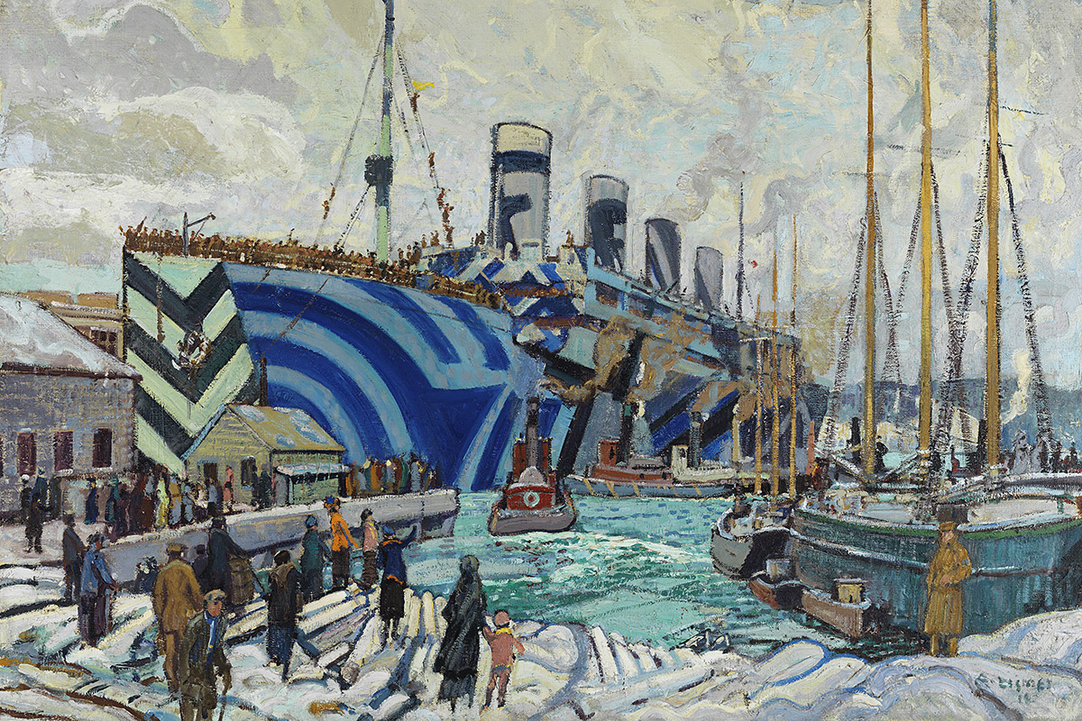 Peinture d’un grand navire dans un port. Le bateau a été peint avec des lignes et des formes de couleurs contrastées, connues sous le nom de camouflage éblouissant.