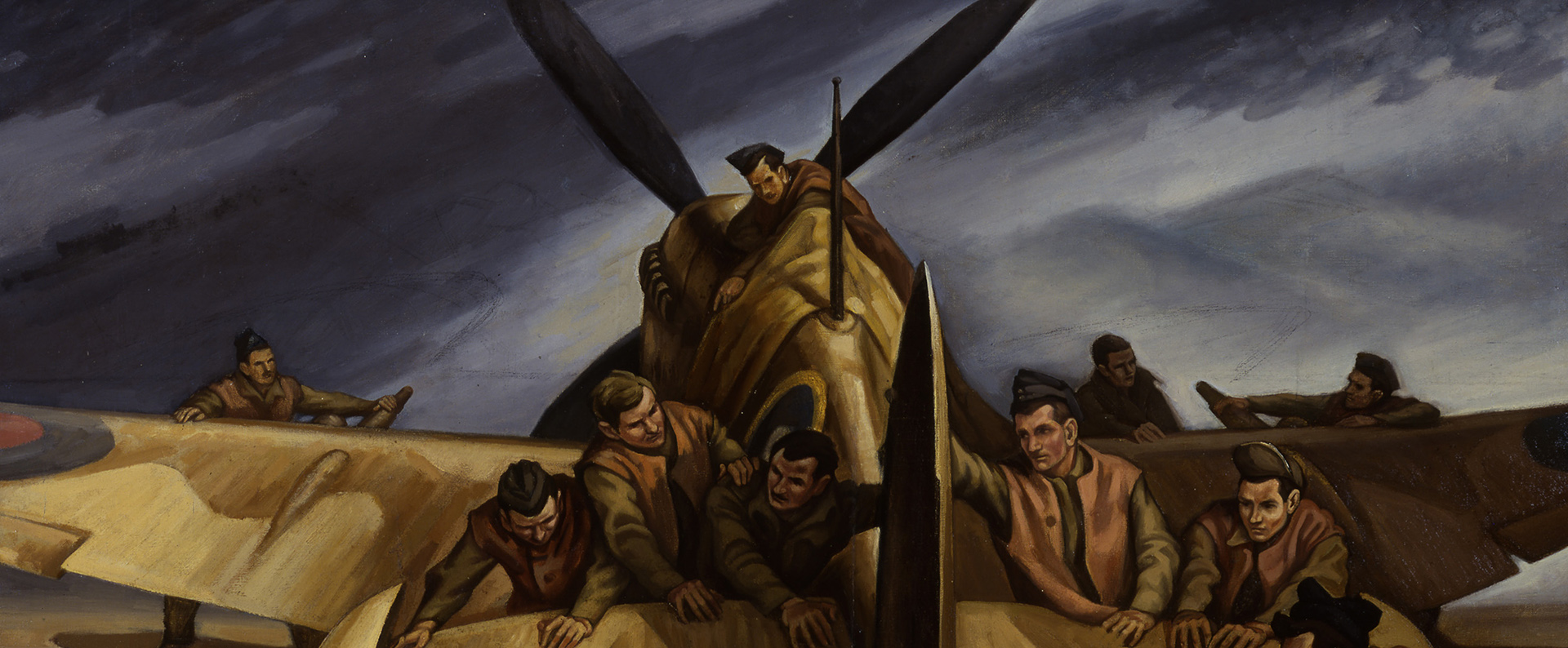 Peinture de onze membres du personnel de service retenant un avion. Une personne attache l’avion au sol.