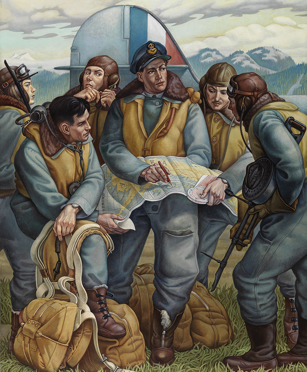 Peinture de six militaires se préparant au vol devant leur avion. Au centre, le pilote tient une carte, entouré du reste de l’équipage.