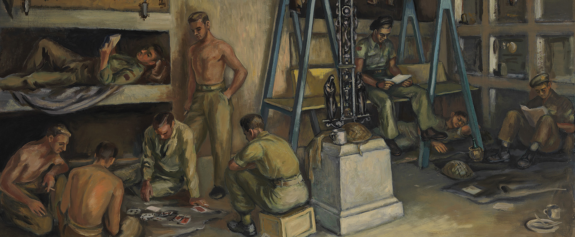 Peinture de soldats se reposant dans un caveau de cimetière, avec une croix au centre. Certains dorment, d’autres lisent ou jouent aux cartes.