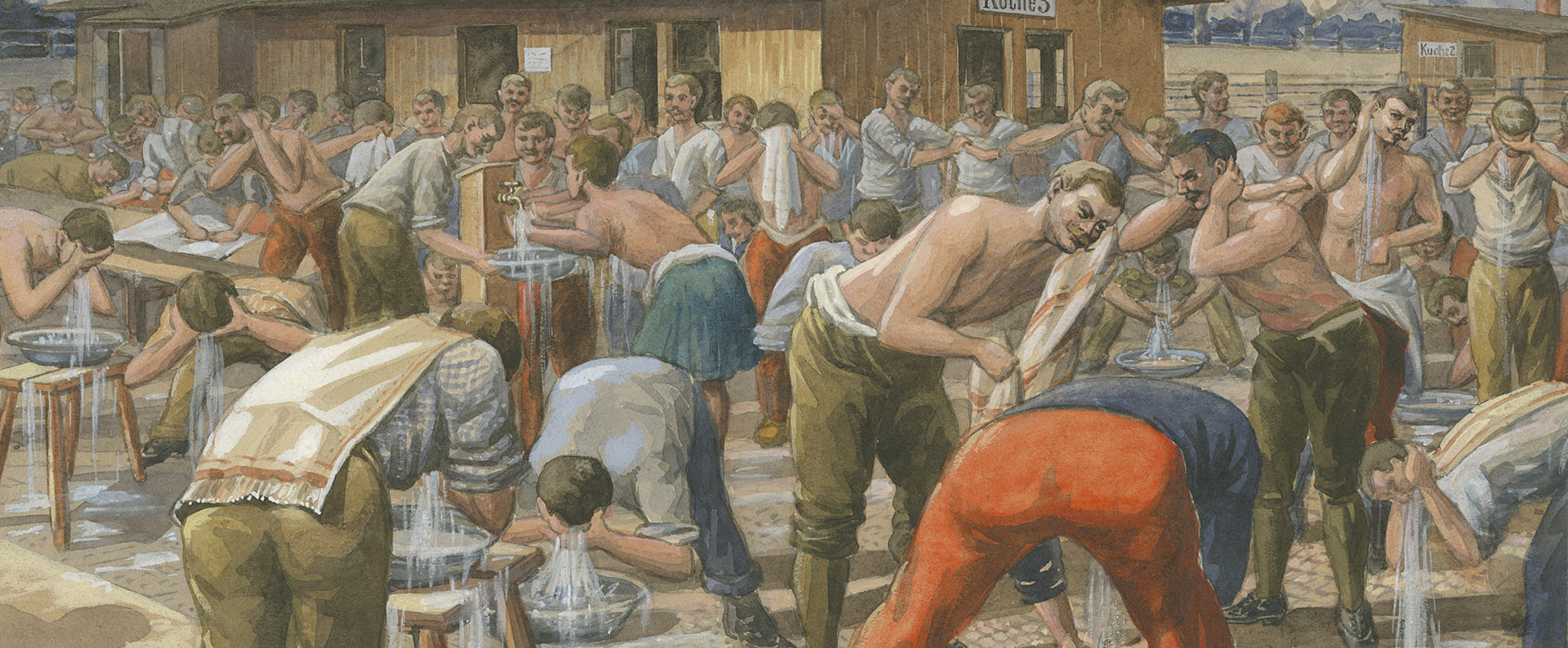 Peinture d’une foule de militaires faisant leur toilette devant une cabane.