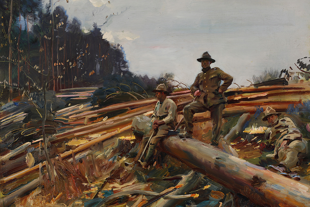 Peinture représentant trois bucherons faisant une pause au milieu d’arbres abattus.