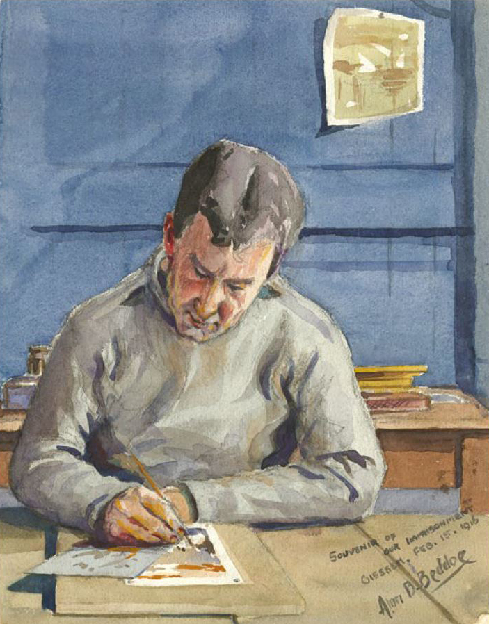 Peinture d’Arthur Nantel assis à un bureau, en train de réaliser une œuvre.