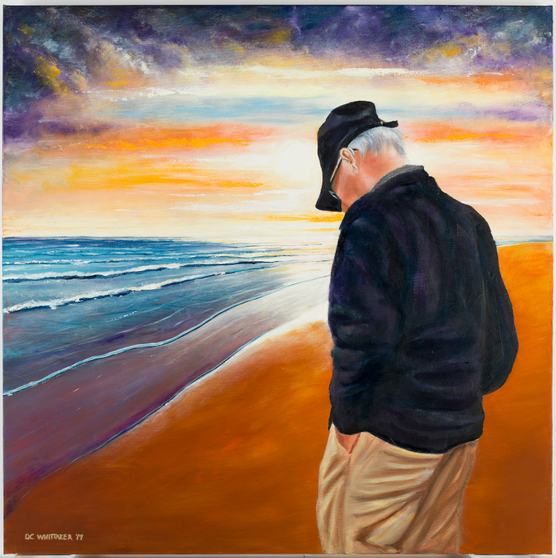 Painting of a grey-haired person wearing a dark jacket and cap, standing on a beach at sunset, looking down at the ground.