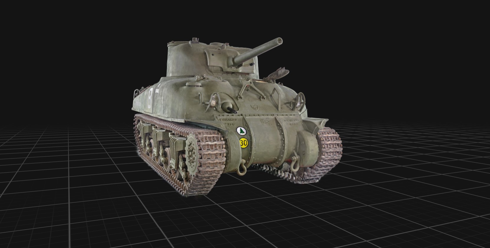 Modèle numérique 3D détaillé d’un char militaire vert sur fond noir, avec une grille de lignes blanches qui s’étendent jusqu’à l’horizon.